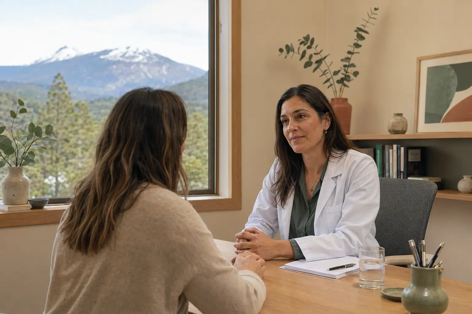 Médica conversando con una paciente en un consultorio de San Martín de los Andes